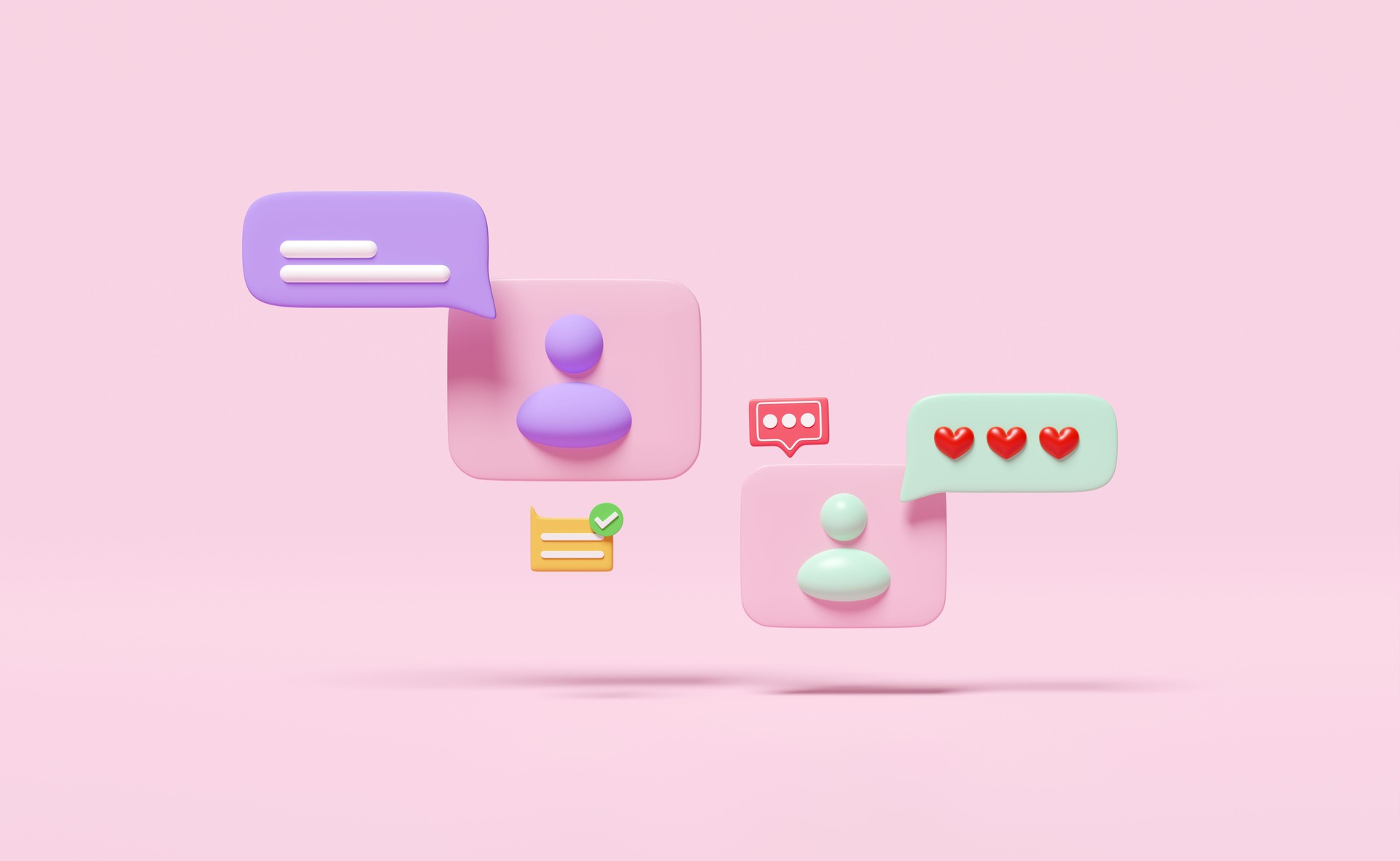 3D-Social-Media-Symbole mit Chat-Blasen-Symbolen isoliert auf rosa Hintergrund. Online-Soziales, Kommunikationsanwendungskonzept, 3D-Render-Illustration